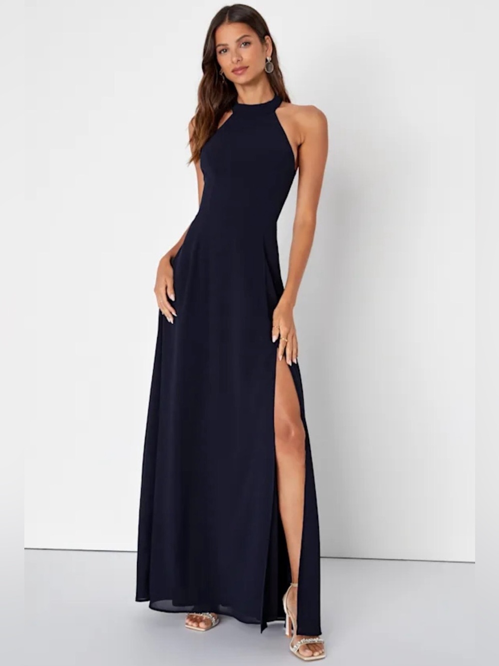 Lulu's Navy Halter High-Low Maxi Dress with Side Slit
